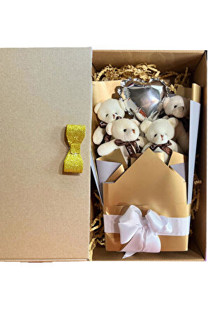 Sole Sevgiliye Özel Dore-Gümüş Konsept Balonlu Romantik Peluş Ayıcık Buketi
