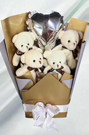 Sole Sevgiliye Özel Dore-Gümüş Konsept Balonlu Romantik Peluş Ayıcık Buketi