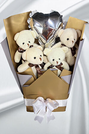 Sole Sevgiliye Özel Dore-Gümüş Konsept Balonlu Romantik Peluş Ayıcık Buketi