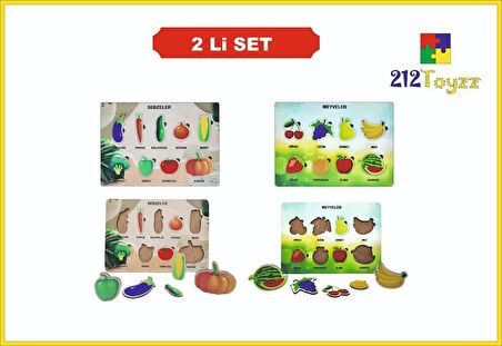 Sebzeler Meyveler Ahşap Çocuk Puzzle Sök Tak 2li Set Oyunlar