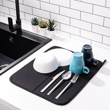 Mikrotex Bulaşık Matı Süper Emici Bulaşık Kurutma Matı 45x36cm Tezgah Üstü Bulaşık Matı Siyah