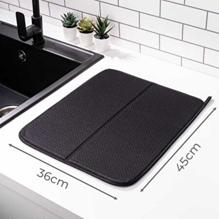 Mikrotex Bulaşık Matı Süper Emici Bulaşık Kurutma Matı 45x36cm Tezgah Üstü Bulaşık Matı Siyah