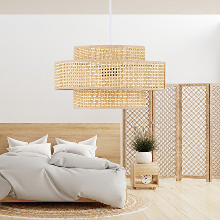 Otantik Trio Metal Kasalı Hasır Kaplama Rattan Salon Avize Üç Katlı Pasta Yatak Odası Sarkıt
