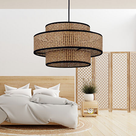 Otantik Trio Metal Kasalı Kahve Hasır Kaplama Rattan Salon Avize Üç Katlı Pasta Yatak Odası Sarkıt