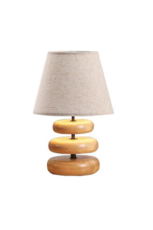 Afro Masif Ahşap Ayaklı Krem Keten Kumaş Şapkalı Dekoratif Abajur