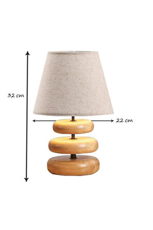 Afro Masif Ahşap Ayaklı Krem Keten Kumaş Şapkalı Dekoratif Abajur