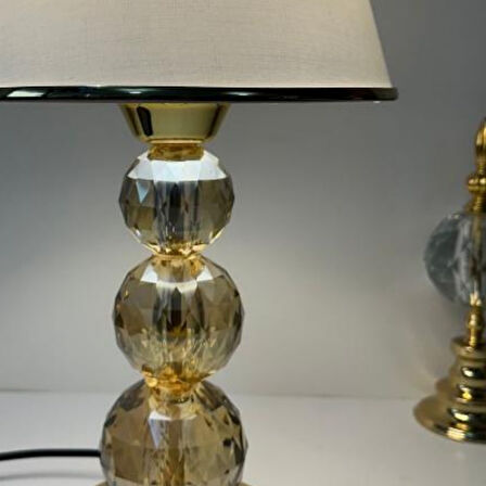Mooncher Cam Gövdeli Gold Metal Abajur Altın Şeritli Krem Kumaş Başlık Gece Lambası