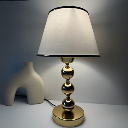 Elegance Gold Metal Ayaklı Şeritli Kumaş Başlık Abajur Dekoratif Gece Lambası