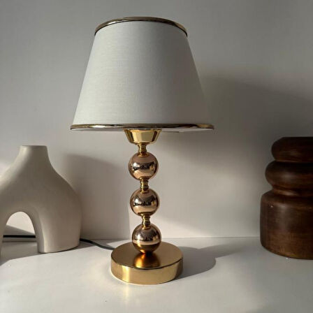 Elegance Gold Metal Ayaklı Şeritli Kumaş Başlık Abajur Dekoratif Gece Lambası