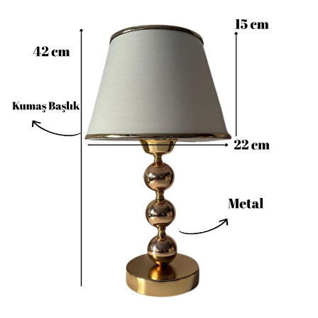 Elegance Gold Metal Ayaklı Şeritli Kumaş Başlık Abajur Dekoratif Gece Lambası