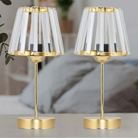 Kristal Cam Başlıklı Metal Ayaklı Gold Abajur Yatak Odası Gece Lambası Oturma Odası Aydınlatma