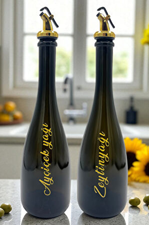 Amber Renk Kabartma Baskılı 750 ML Cam Yağdanlık Şişe 2'li Sofra Mutfak Sunum Sosluk