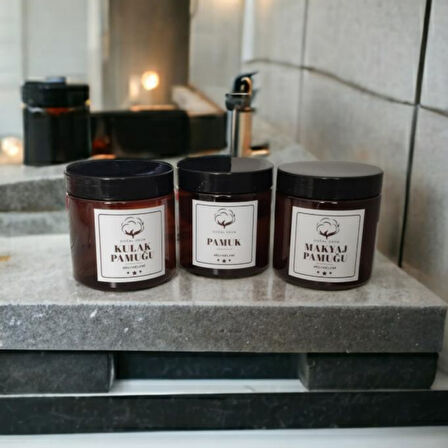 Plastik Amber Renk Kavanoz Banyo Düzenleyici 3lü Set Şık Makyaj Kulak Pamuğu Kabı