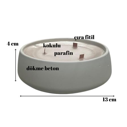 Vanilya Kokulu Dekoratif Beton Mum Yuvarlak Yatay Form Üç Fitilli Mum 250 Gr