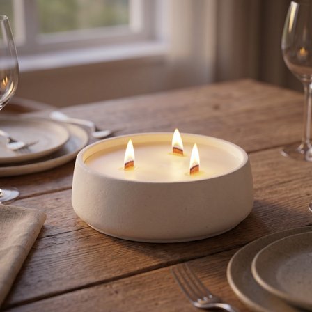 Tarçın Kokulu Dekoratif Beton Mum Yuvarlak Yatay Form Üç Fitilli Mum 250 Gr