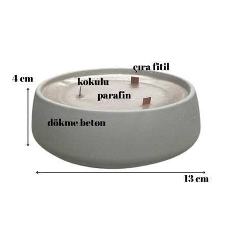 Amber Kokulu Dekoratif Beton Mum Yuvarlak Yatay Form Üç Fitilli Mum 250 Gr