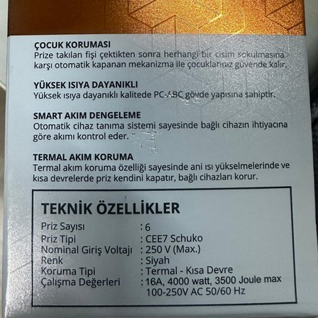 Zuma Termal Akım Korumalı 6 Soket 2 Metre Priz Açma Kapama Tuşlu Çocuk Korumalı Siyah