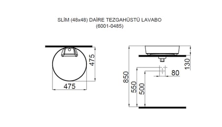 SLIM DAİRE TEZGAHÜSTÜ LAVABO 48X48 BEYAZ