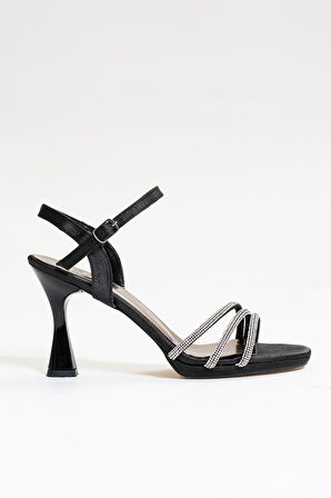 Kadın Abiye İnce Yüksek Topuklu Platform 3 Üç Bantlı Taşlı Bilekten Bağlı Tokalı Gece Ayakkabı 6001