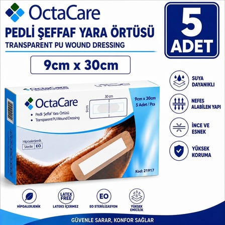 Octacare Su Geçirmez Pedli Şeffaf Pu Film Steril Yara Örtüsü Banyo Bandı 9cm×30cm (5 Adet)
