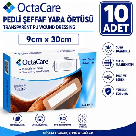 Octacare Su Geçirmez Pedli Şeffaf Pu Film Steril Yara Örtüsü Banyo Bandı 9cm×30cm (10 Adet)