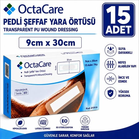 Octacare Su Geçirmez Pedli Şeffaf Pu Film Steril Yara Örtüsü Banyo Bandı 9cm×30cm (15 Adet)