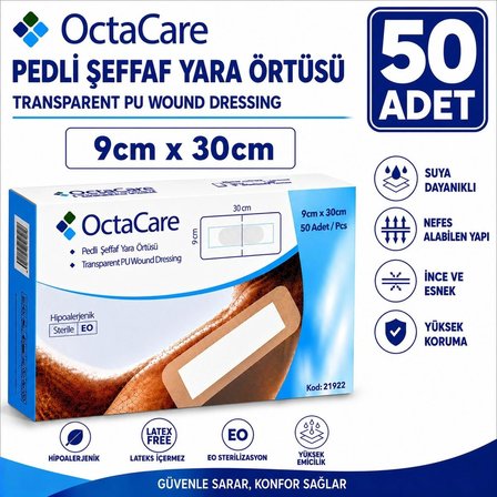 Octacare Su Geçirmez Pedli Şeffaf Pu Film Steril Yara Örtüsü Banyo Bandı 9cm×30cm (50 Adet)