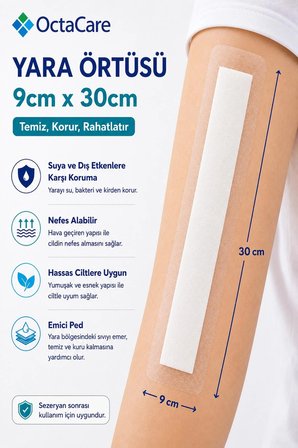 Octacare Su Geçirmez Pedli Şeffaf Pu Film Steril Yara Örtüsü Banyo Bandı 9cm×30cm (50 Adet)