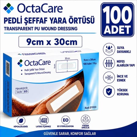 Octacare Su Geçirmez Pedli Şeffaf Pu Film Steril Yara Örtüsü Banyo Bandı 9cm×30cm (100 Adet)