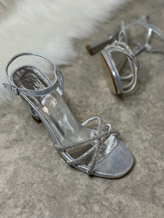 Kadın Abiye Üç Bantlı Sarmal Çapraz Taşlı Yüksek Topuklu Platform Bilekten Bağlı Gece Ayakkabı 6002