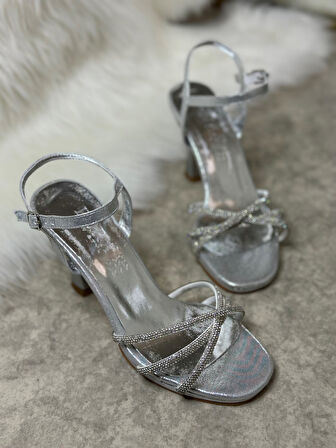 Kadın Abiye Üç Bantlı Sarmal Çapraz Taşlı Yüksek Topuklu Platform Bilekten Bağlı Gece Ayakkabı 6002