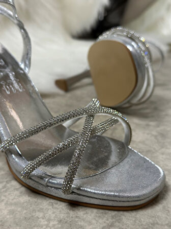 Kadın Abiye Üç Bantlı Sarmal Çapraz Taşlı Yüksek Topuklu Platform Bilekten Bağlı Gece Ayakkabı 6002