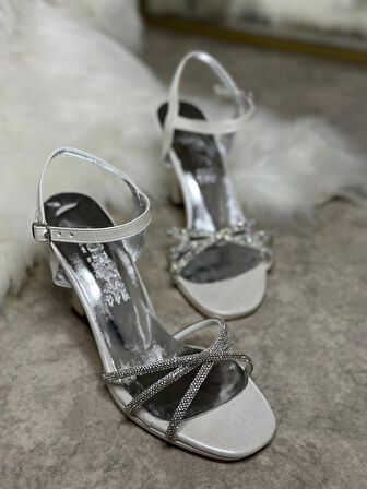 Kadın Abiye Üç Bantlı Sarmal Çapraz Taşlı Yüksek Topuklu Platform Bilekten Bağlı Gece Ayakkabı 6002