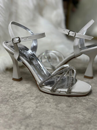 Kadın Abiye Üç Bantlı Sarmal Çapraz Taşlı Yüksek Topuklu Platform Bilekten Bağlı Gece Ayakkabı 6002