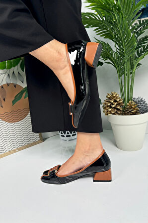 Günlük Kadın Loafer Topuklu Toka ve Dikiş Detaylı Küt Burunlu Ayakkabı 6002