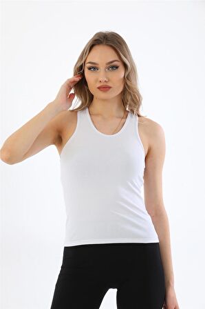 Kadın Pamuklu Likralı Sporcu Askılı Atlet-Beyaz