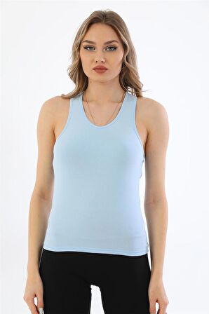 Kadın Pamuklu Likralı Sporcu Askılı Atlet-Mavi