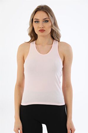 Kadın Pamuklu Likralı Sporcu Askılı Atlet-Pembe