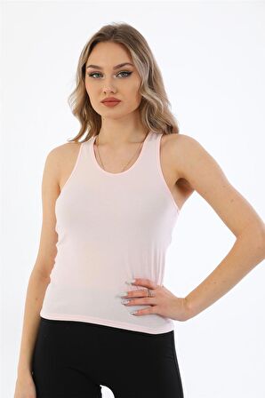 Kadın Pamuklu Likralı Sporcu Askılı Atlet-Pembe