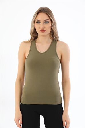 Kadın Pamuklu Likralı Sporcu Askılı Atlet-Haki