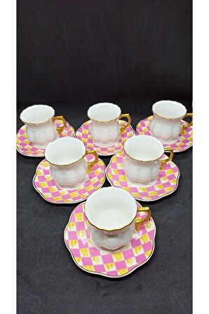 12 Parça Pembe Altlı Kahve Fincanı
