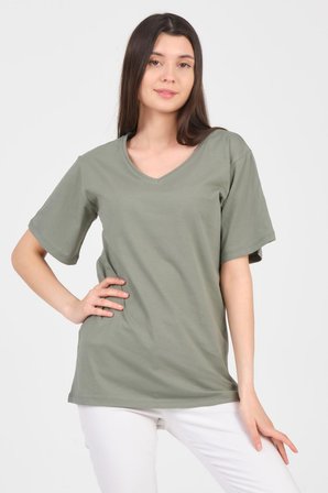 As Collection Yeşil V Yaka Kısa Kol Boyfriend Kadın T-Shirt