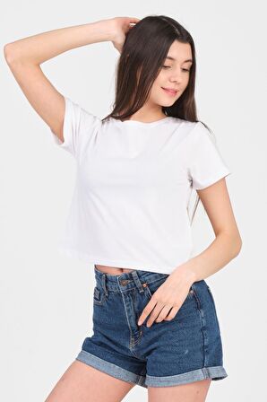 As Collection Beyaz Bisiklet Yaka Kısa Kol Örme Kadın Crop