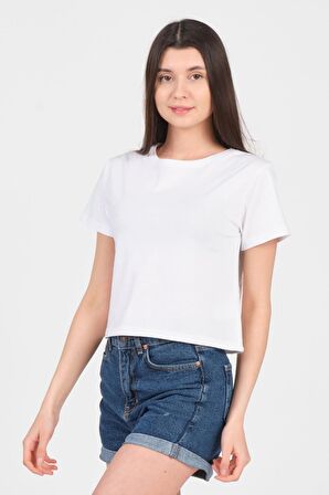 As Collection Beyaz Bisiklet Yaka Kısa Kol Örme Kadın Crop