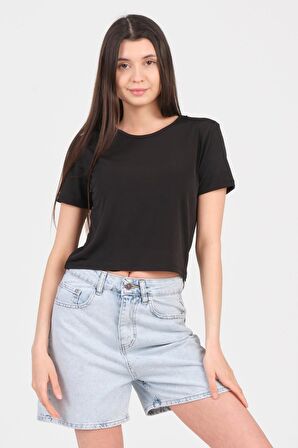 As Collection Siyah Bisiklet Yaka Kısa Kol Sandy Kadın Crop