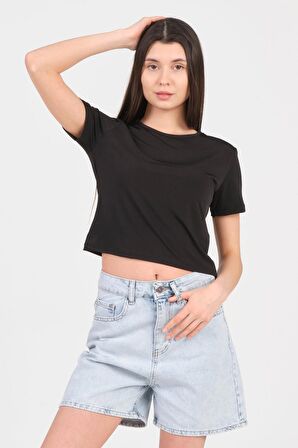 As Collection Siyah Bisiklet Yaka Kısa Kol Sandy Kadın Crop