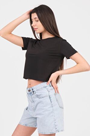 As Collection Siyah Bisiklet Yaka Kısa Kol Sandy Kadın Crop