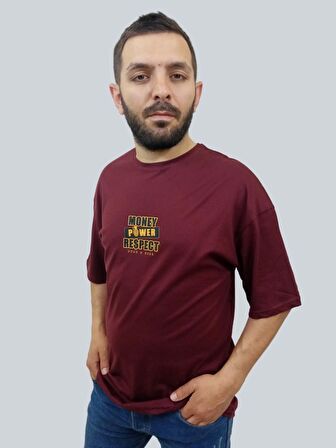 Erkek Respect Oversize Bisiklet Yaka Bordo Tişört