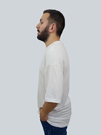 Erkek Plain Oversize Bisiklet Yaka Beyaz Tişört