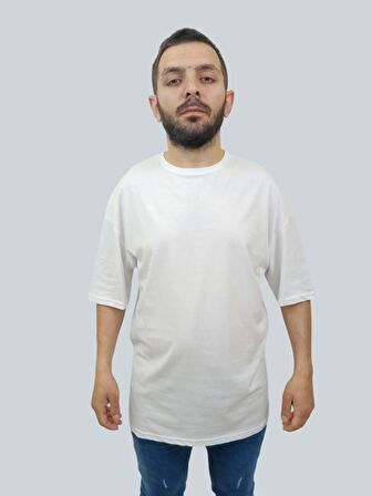 Erkek Plain Oversize Bisiklet Yaka Beyaz Tişört